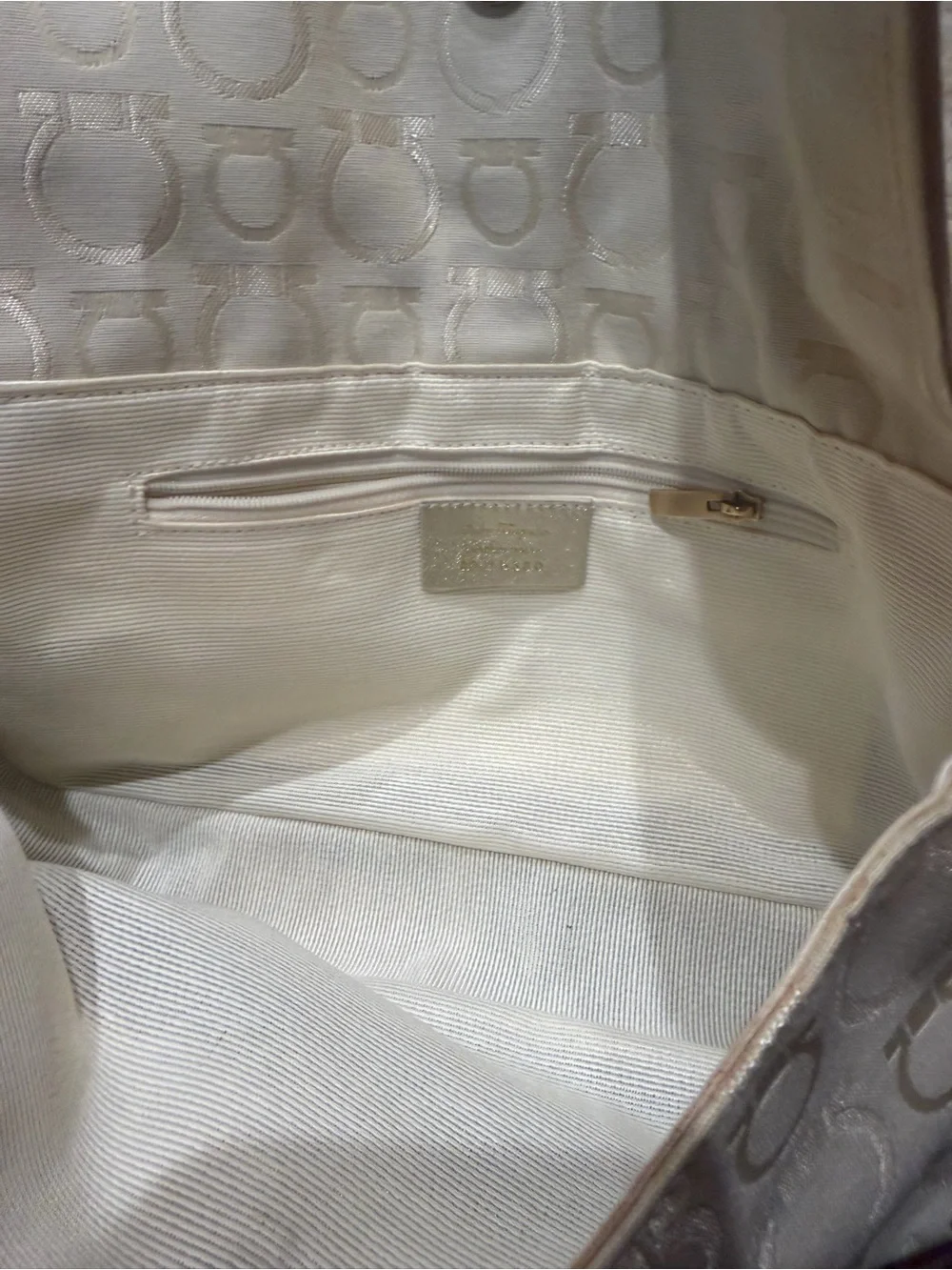 Salvatore Ferragamo Cream Gancini Jacquard Shoulder Bag with Gold Hardware